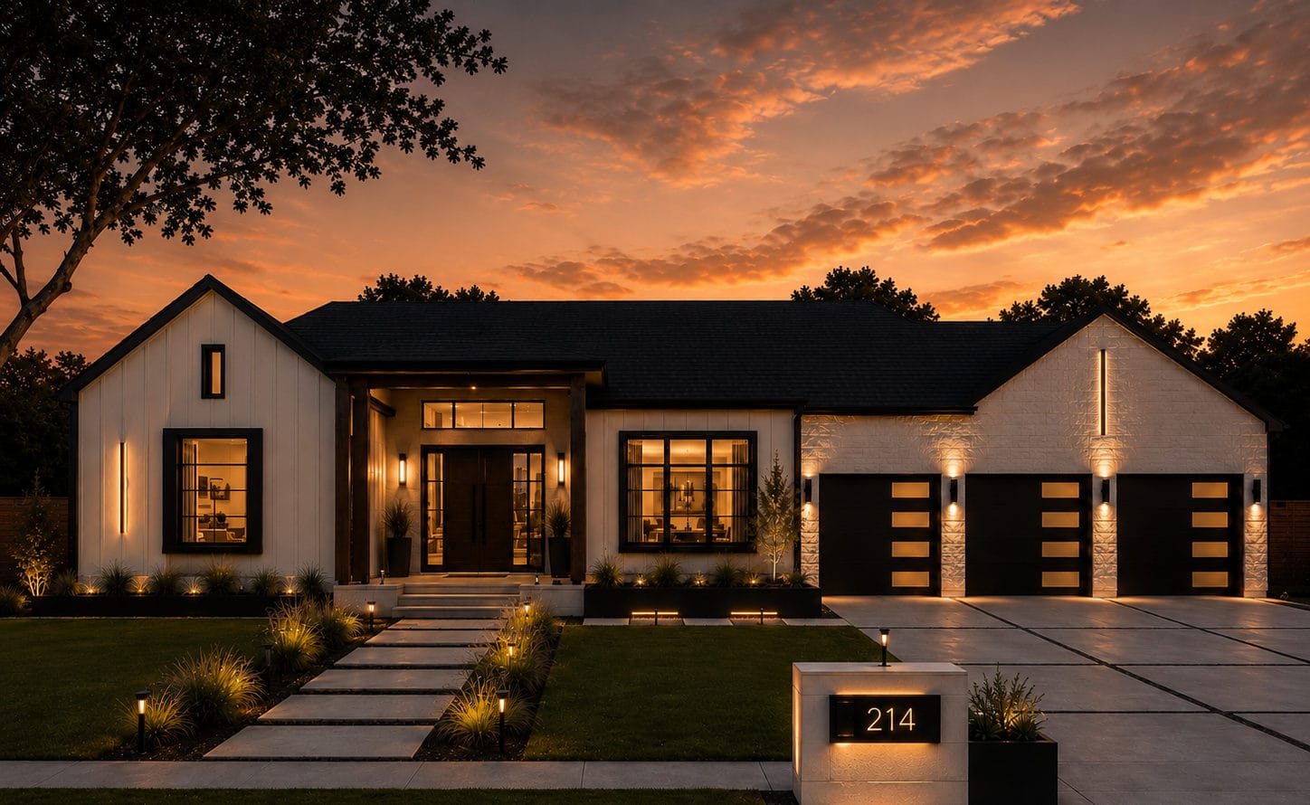 The Aspen — transitional farmhouse with timber portico and three-car garage at sunset