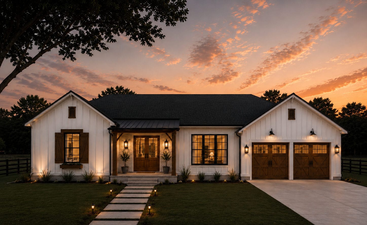 The Oak — country farmhouse with stained shutters and carriage doors at sunset