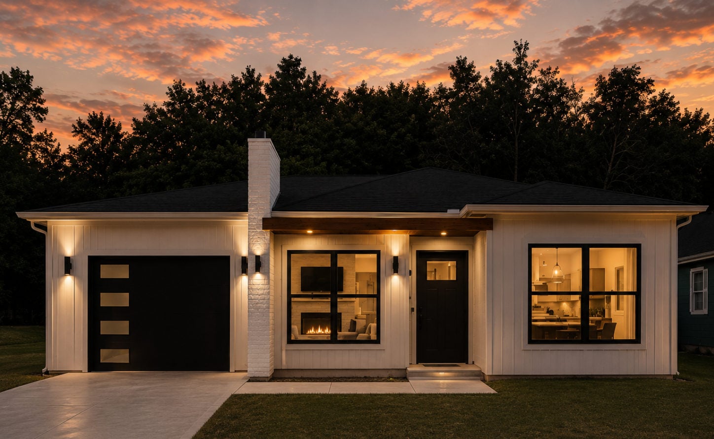 The Compact — modern cottage with painted brick chimney at sunset