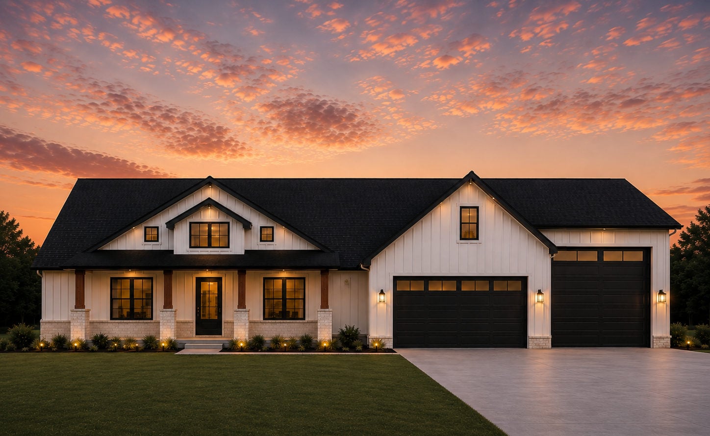 The Mevi — modern farmhouse with deep covered porch and dormers at sunset