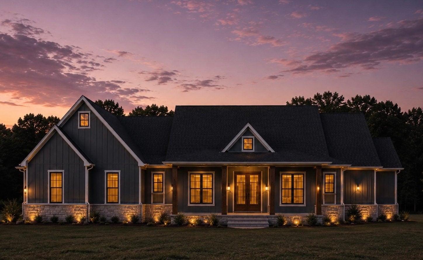 The Woods — charcoal board-and-batten estate with full-width porch at twilight